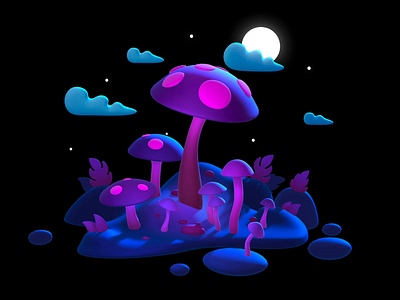 Interactive mushrooms 3d animation artwork clouds hover animation interactive micro animation moon mushrooms neon night scene spline design ui