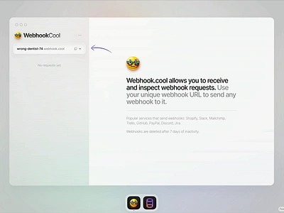 Webhook.cool - online webhook tester dashboard developer tool developers dropdown logo minimalism next.js product design ui web app webhook