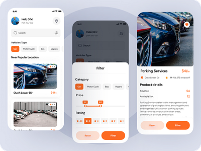Car Parking App Homepage, filter, and description mobile UI carparking flter homepage uiux welldux
