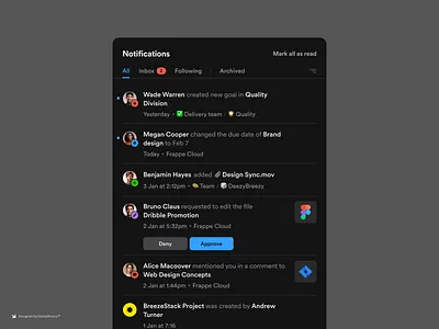 Frappe Notification | Dark theme blue card darktheme design filters grey icon mentioned minimal notification settings ui upload ux