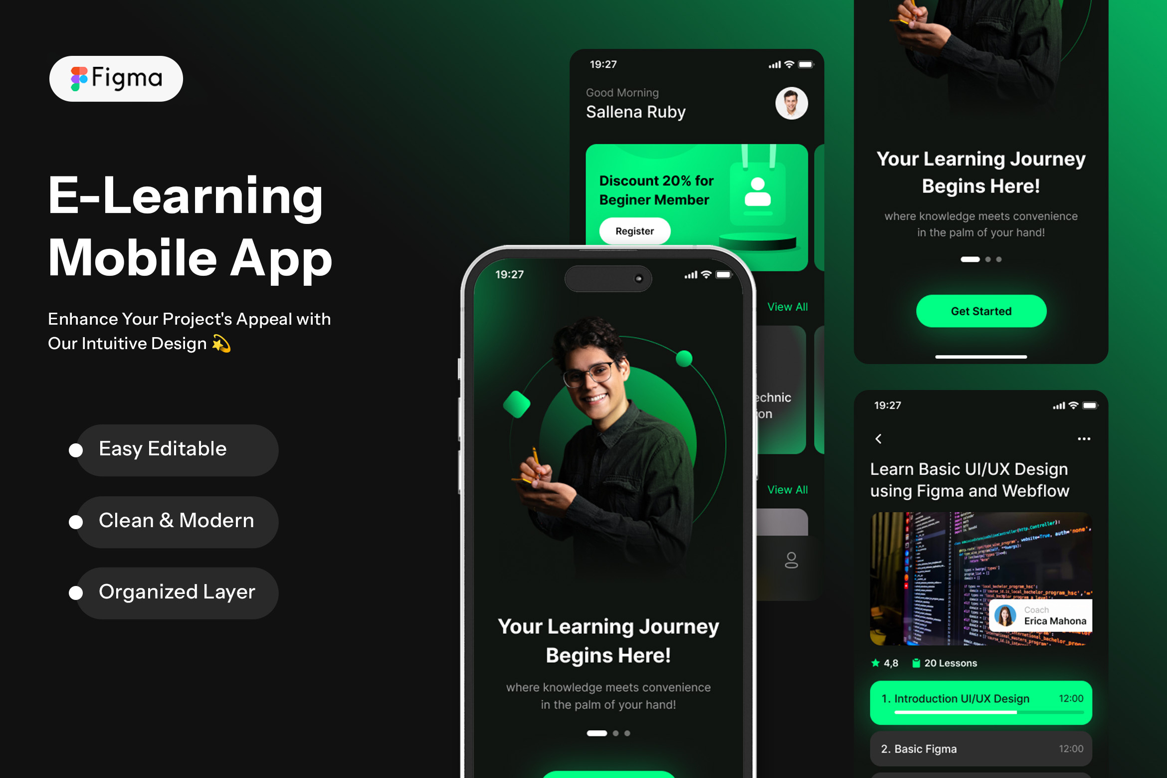 E-Learning Mobile App app design ecourse education figma graphic design green mobile portfolio ty typography ui ux webinar workshop