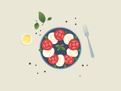 Caprese salad basil black pepper caprese dish flat illustration flatlay food food app fork illustration olive oil plate salad serving vector