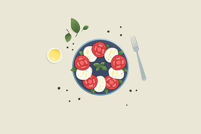 Caprese salad basil black pepper caprese dish flat illustration flatlay food food app fork illustration olive oil plate salad serving vector
