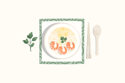 Shrimps soup asian food cilantro dish flat illustration flatlay food food app illustration recipe serving shrimp soup streetfood vector