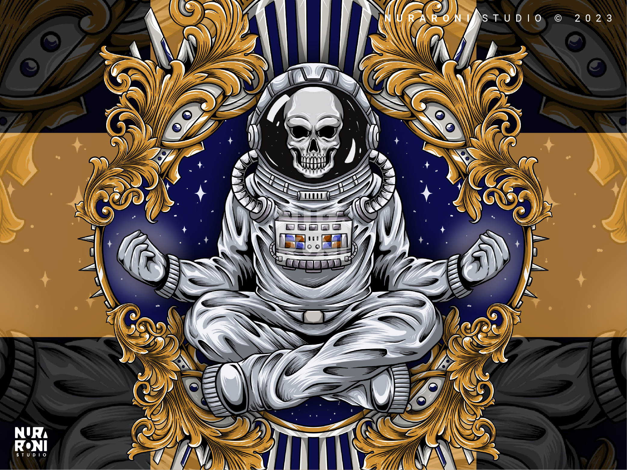 Celestial Serenity - The Meditating Skull Astronaut 🧘‍♂️🌌 art astronaut cartoon celestial character design drawing illustration meditating meditation ornament ornamental ornaments retro skull space stars vector vintage yoga