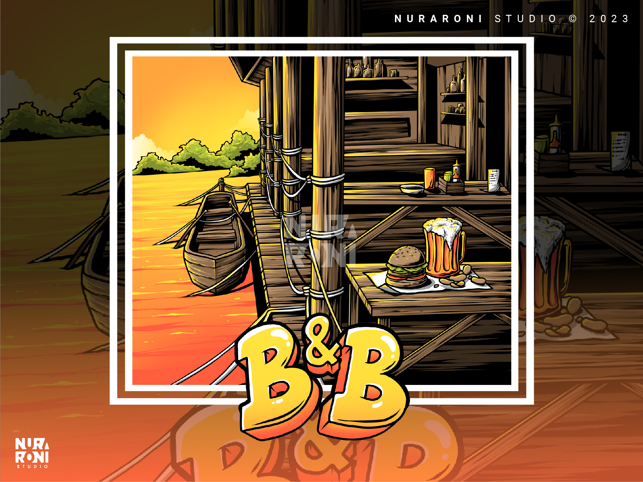 🌊🍔 A Riverside Retreat - Where Water Meets Relaxation 🍺🌳 apparel beer bench boat branding burger cartoon character clothing design graphic design hamburger illustration lake logo river riverside sunset tshirt water
