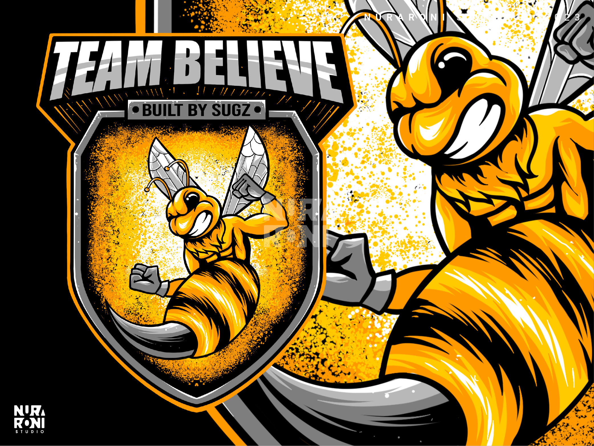 🐝💪Team Believe - Fierce Bumblebee💛🖤 apparel design bee bodybuilder branding bumblebee cartoon character clothing design esport flower graphic design gym honey bee illustration logo mascot merch merchandise design team believe tshirt design
