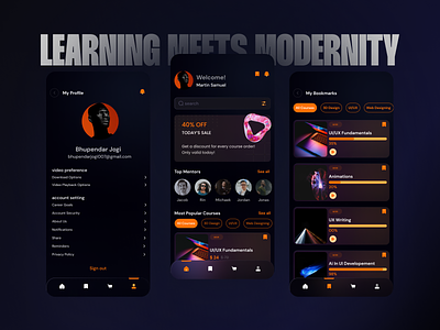 Modern E learning App Design aesthetic courses dark mode e learning app education educational app glassmorphism learning app modern design modern look studying ui video courses