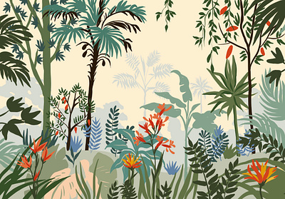 Jungle 2d green illustration jungle palm plants vector yellow
