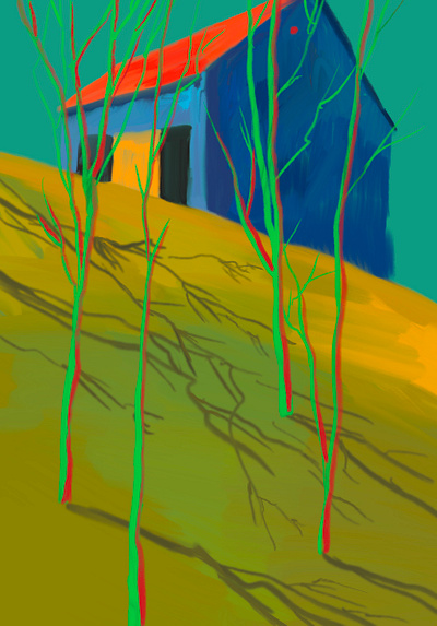 House 2d blue forest green house illustration red