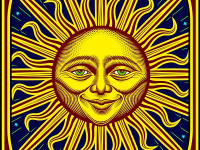 Sun Face Illustration for Terpene Tom apparel curtisillustration illustration illustrations logo logo design playing cards poster art surface tarot tarot card tshirt vector vector art woodcut