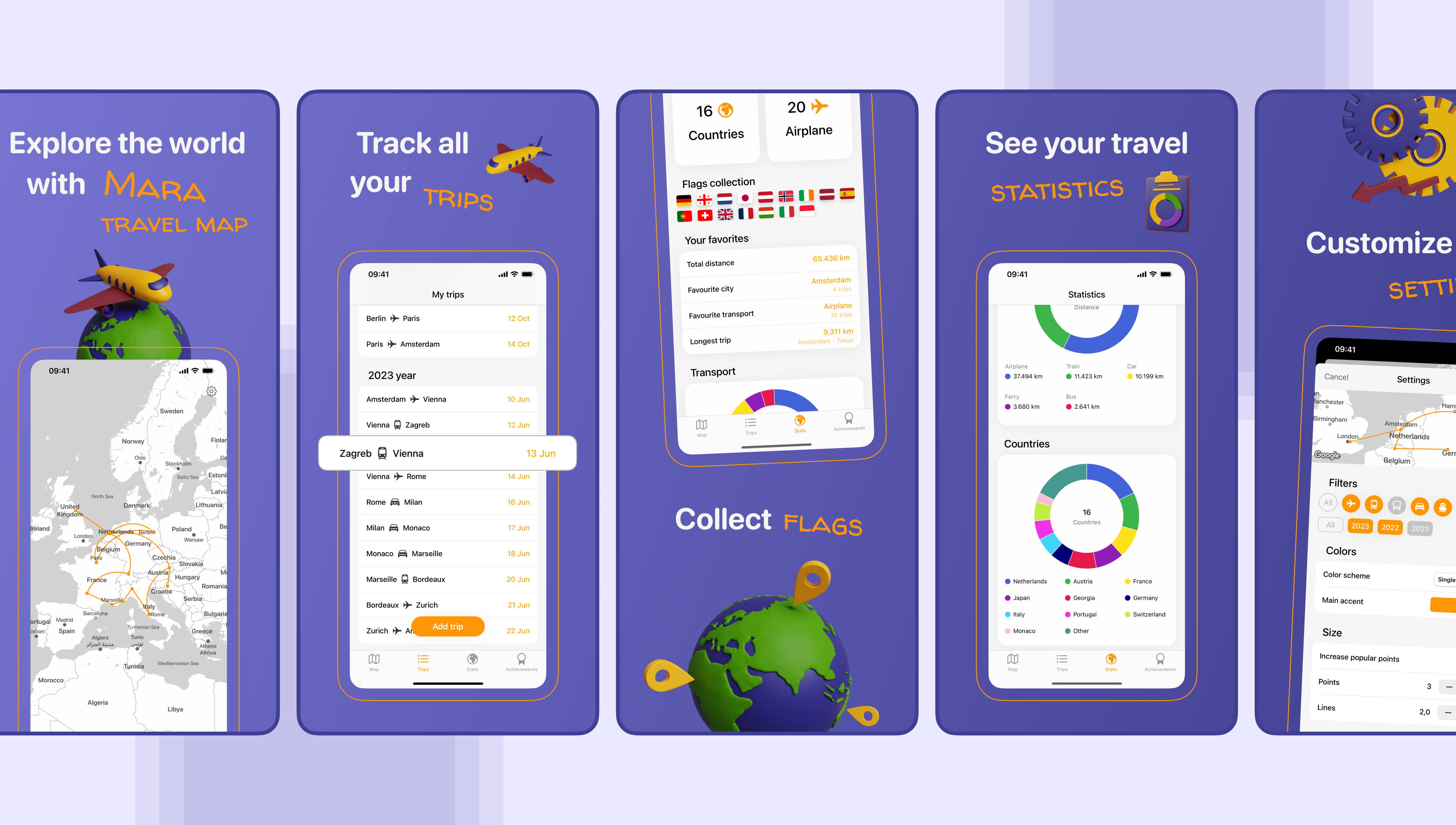 Mara - travel app, screenshots for App Store app apple store blender figma flags icons journey map pin plane screenshots settings statictics travel ui ux ux ui uxui world