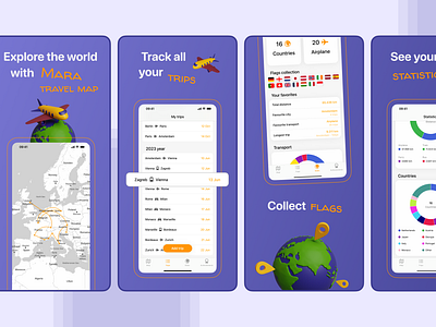 Mara - travel app, screenshots for App Store app apple store blender figma flags icons journey map pin plane screenshots settings statictics travel ui ux ux ui uxui world