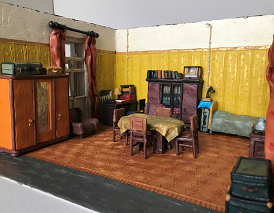 Room with balcony, plasticine, cardboard, 50x35x18 cm 3d clay illustration installation miniature plasticine plasticineart sculpture