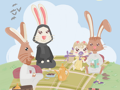 Arabian rabbit family arabian arabian rabbit family arabic illustration illustrator rabbit