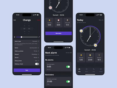 🌤️ Sunrise Alarm Clock ⏰ alarm alarm clock app clock day design dynamic alarm ios iphone night settings sleep smart alarm smart wake smartphone sunrise sunset time ui wake