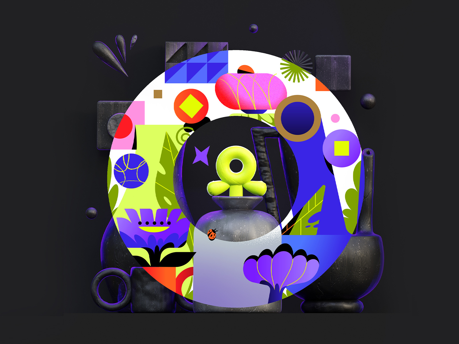 🔘 blossom colorful colourful design flower flowers geometric geometry growth illustration minimal plants pottery vase watering can