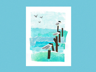 Ocean Seagulls Paper Cut Illustration acrylic acrylic paint art artist artprint birds blue collage colourful cyan editorial graphic design illustration mixed media ocean paper paper cut