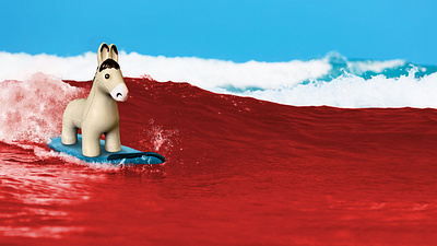 Lefty the donkey surfing on a red wave editorial illustration photoshop social media