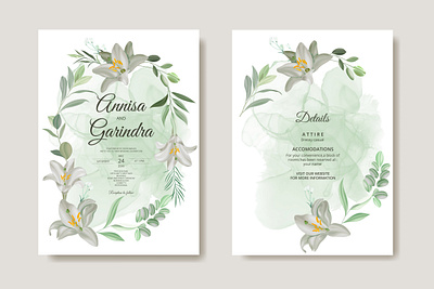 white flower and leaves wedding invitation template set vector