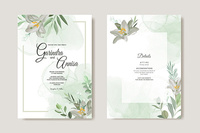 white flower and leaves wedding invitation template set vector