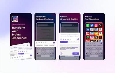 A set of App Store screenshots for an AI Keyboard app ai keyboard app app store design product screenshots ui