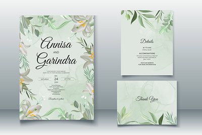 white flower and leaves wedding invitation template set vector