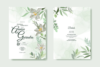 white flower and leaves wedding invitation template set vector