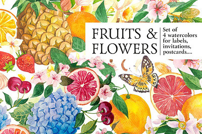 Fruits and Flowers. Set of watercolour illustrations almond botanical butterfly cherries flowers fruits fruits and flowers graphic design hydrangea illustration instant download labels design orange packaging design pineapple red oranges set illustrations strawberries vanilla watercolour illustration