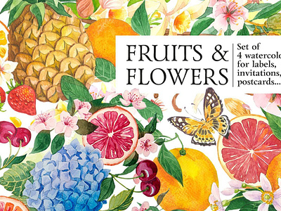 Fruits and Flowers. Set of watercolour illustrations almond botanical butterfly cherries flowers fruits fruits and flowers graphic design hydrangea illustration instant download labels design orange packaging design pineapple red oranges set illustrations strawberries vanilla watercolour illustration