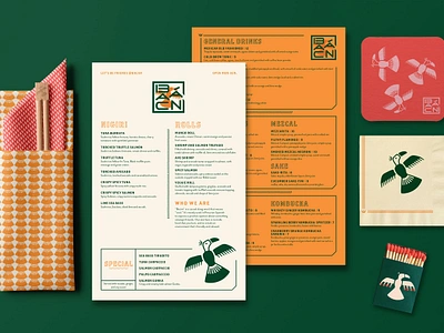 Costa Rican Restaurant Branding bird brand design branding design chopsticks cocktail costa rica drink menu ephemera food food and drink los angeles matches menu menu design pattern design print design restaurant restaurant branding