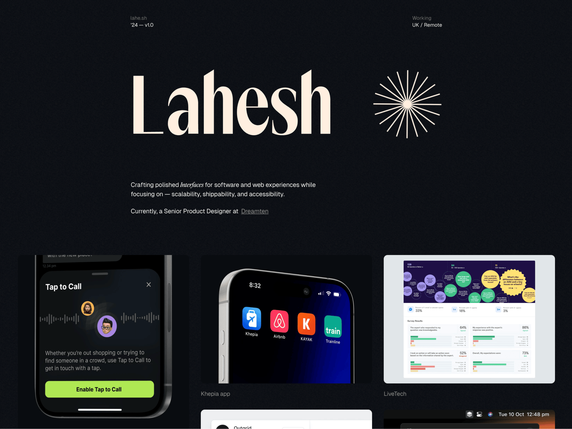 lahe.sh - Personal Site Refresh animation dark design framer home page landing page mobile motion personal website portfolio product design site typography ui ux web web design