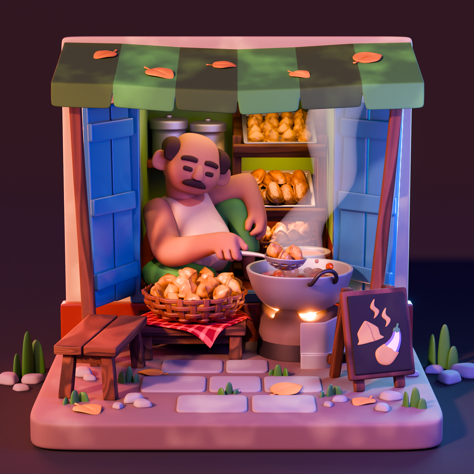 Flavours of Kolkata: The Telebhaja Delight 3d b3d blender3d character illustration lowpoly
