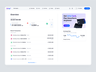 Arto Plus - Overview Lite - Case Study activity balances conversion currencies dashboard exchanges finances overview product design receive money saas send money transactions ui ux