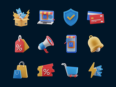 E-commerce 3D Icon 3d cart discount e commerce ecommerce icon illustration internet laptop megaphone online shop shopping store ui voucher