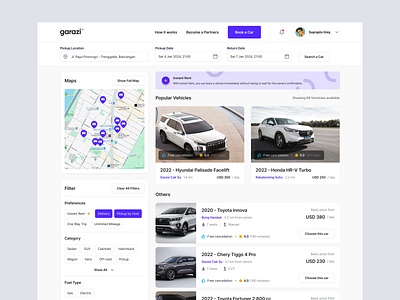 Garazi - Car Rent Search Results booking browse car display filter maps platform product rental results saas search software travel trip ui vehicle website