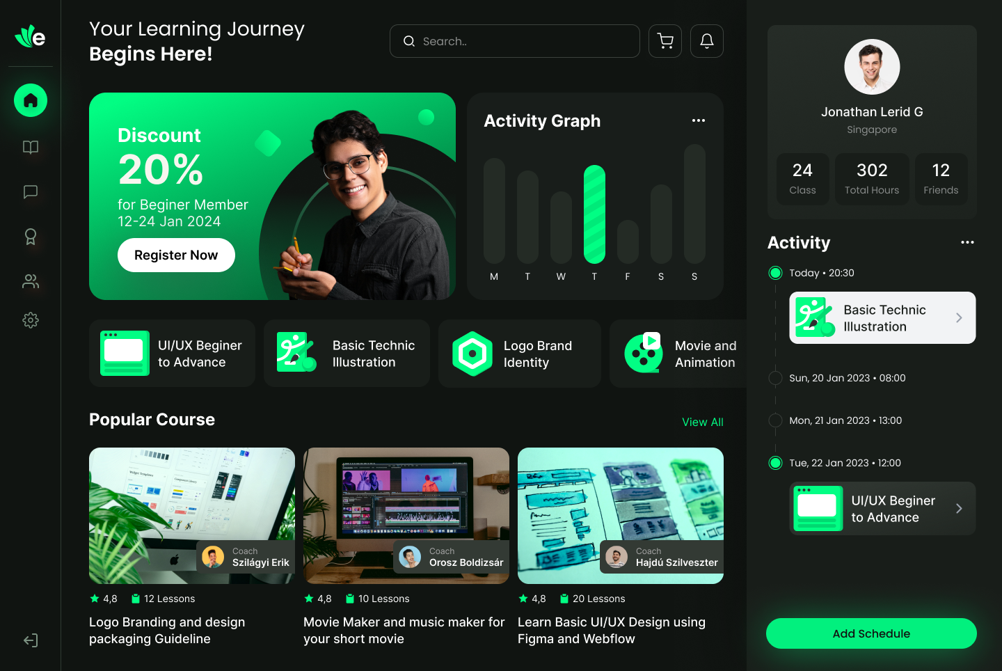 E-Learning Dashboard dashboard ecourse education elearning figma graphic design green modern ui webinar workshop