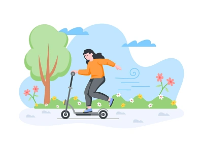 Girl riding scooter design enjoy weather girl graphic design illustration riding riding scooter season spring season transportation ui vector wather