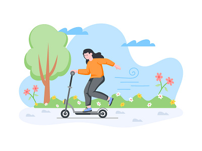 Girl riding scooter design enjoy weather girl graphic design illustration riding riding scooter season spring season transportation ui vector wather