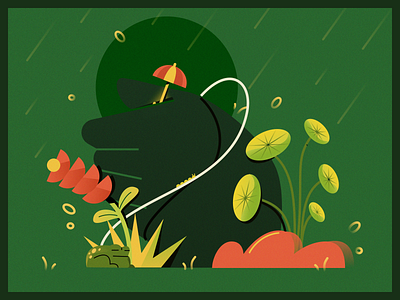 Tiny Treasure 15: Rain Check colourfull fingers flowers frog geometric graphic design green hands illustration lily pads miniature marvels nature plants poster rain series tiny treasure umberella weather worm
