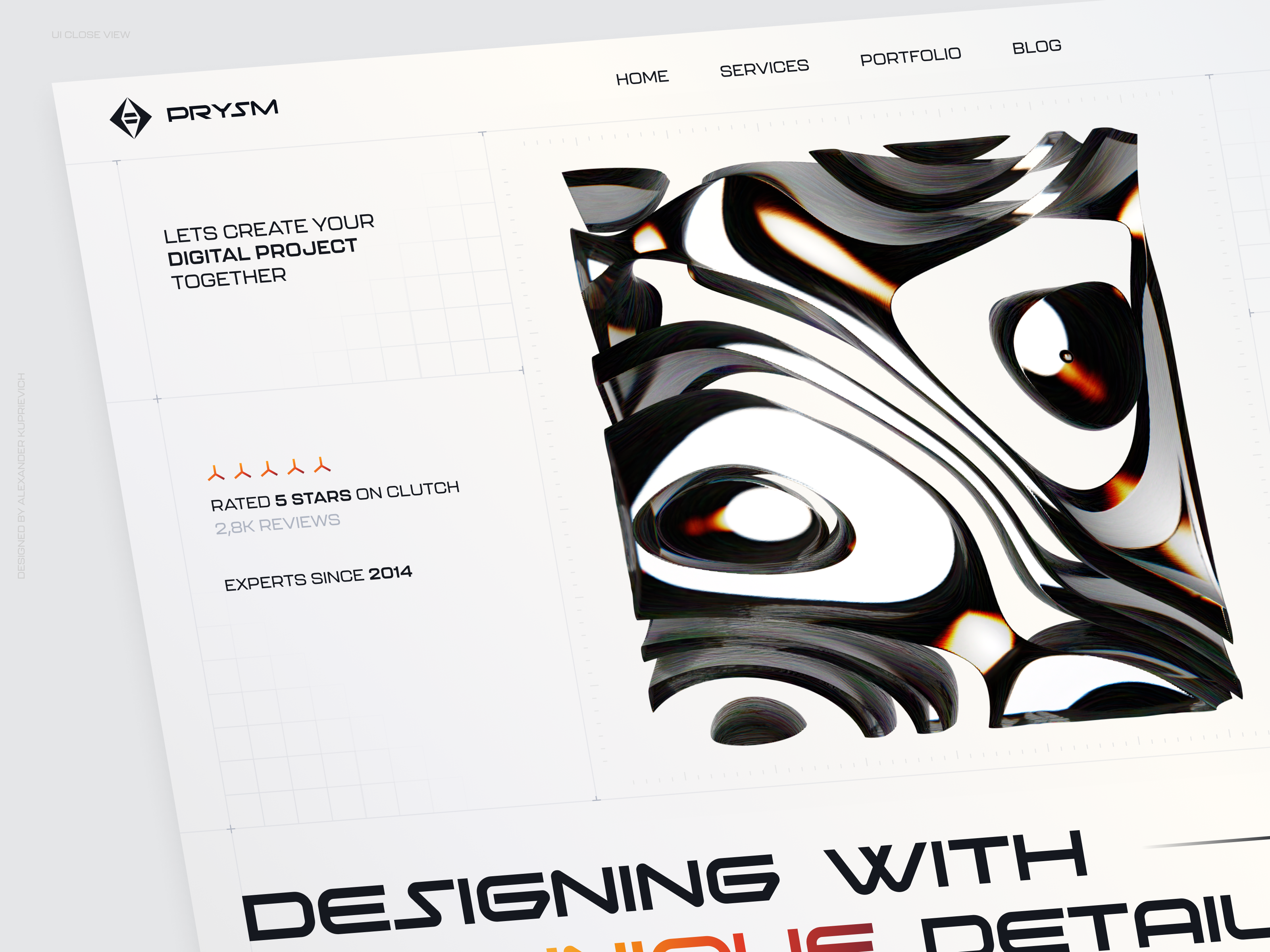 PRYSM - Design Studio Website 3d animated animation blender dispersion glass hero section landing light ui modern ui tech ui ui design uiux user interface video web web design website hero white ui