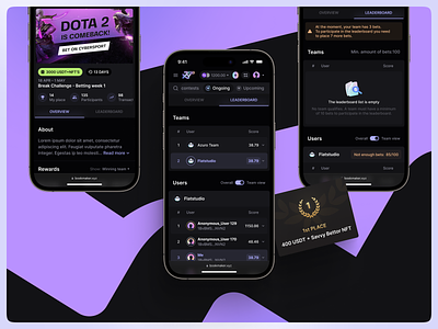 Bookmaker.xyz: Contests mobile 2 app betting bookmaker contest crypto cryptocurrency decentralised design dota 2 esports gambling interface leaderboard sports swap tokens tournament ui ux wallet web
