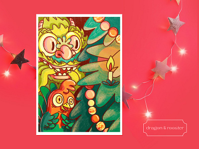 Our friendship with dragon — postcard dragon and rooster 2d illustration acid color collaboration digital dragon illustration new year postcard rooster