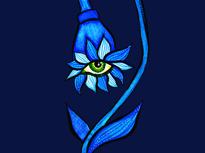 Creepy eye flower in blue blue creepy eye flower horror illustration ink psychedelic trippy watercolor weird