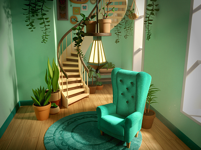 Sunny room 3d 3dart 3dillustration 3dmodeling blender3d blenderrender cozy design graphic design green illustration interior room stylized