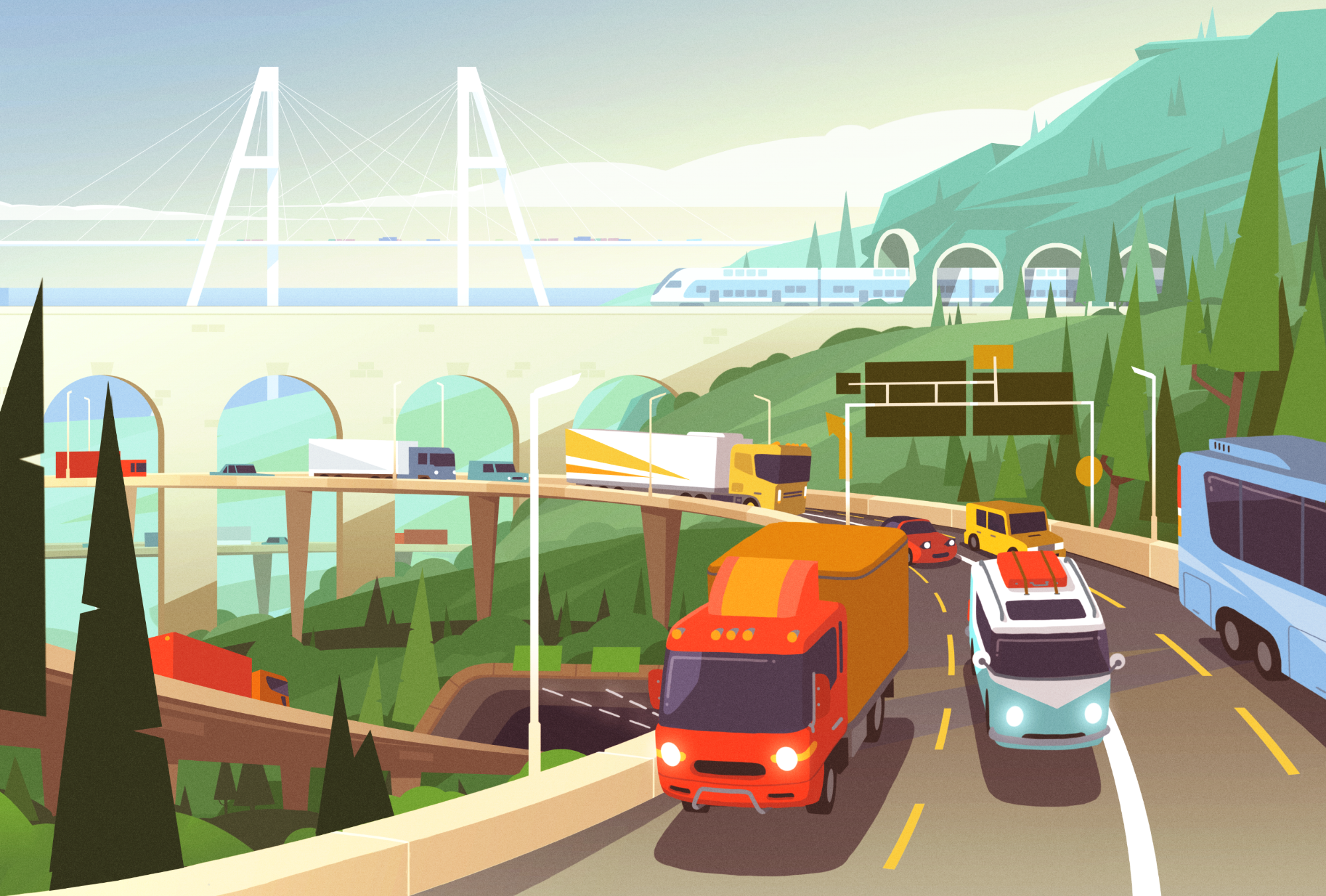 Transportation. 2d animation bridge environment environment art highway illustration illustrator landscape scene scenery sek sekond styleframe traffic train transport transportation vehicle vehicles