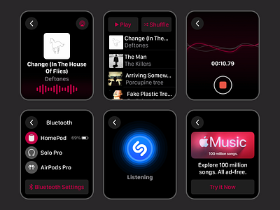 WatchOs apple bluetooth dark mode design illustration mockup music playlist recorder shazam ui watchos widget
