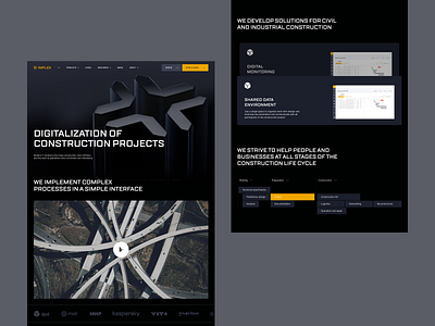 Website for digitalization of construction processes 3d dark theme motion graphics simple ui website