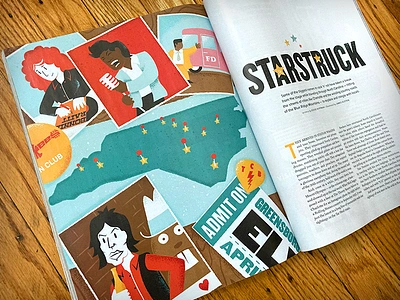 Starstruck full spread bonnie raitt conceptual illustration editorial editorial illustration editorial illustrator elvis illustration illustrator james brown james olstein james olstein illustration jamesolstein.com magazine magazine illustration north carolina our state rolling stones starstruck texture vector