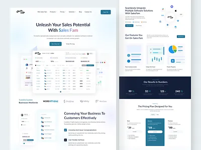 Sales Fam Landing Page apps clean creative counter numbers dashboard landing page logo pricing project management saas sales tool software integration tool ui ux